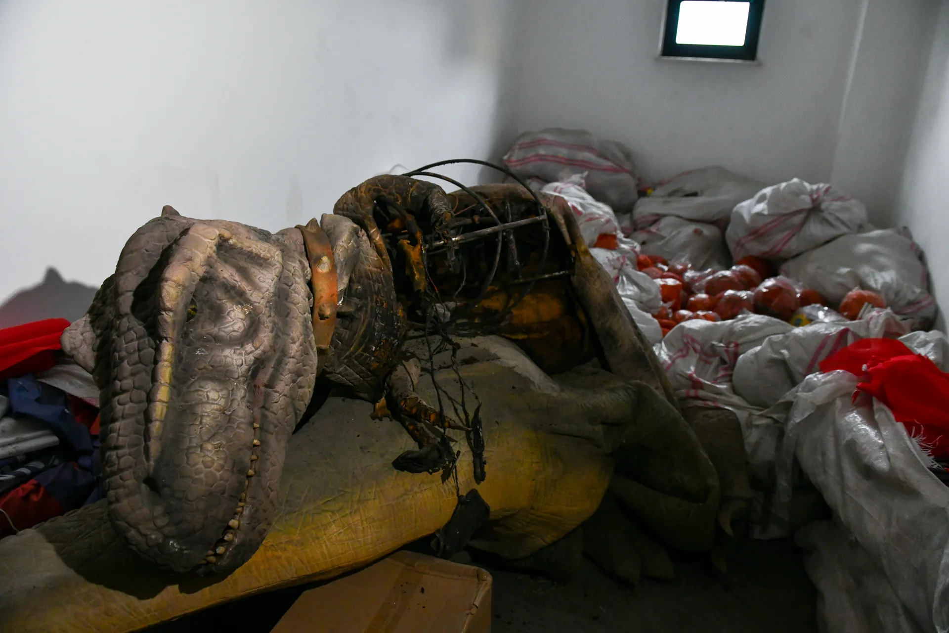 ANKAPARK deposunda hasar görmüş büyük bir dinozor figürü