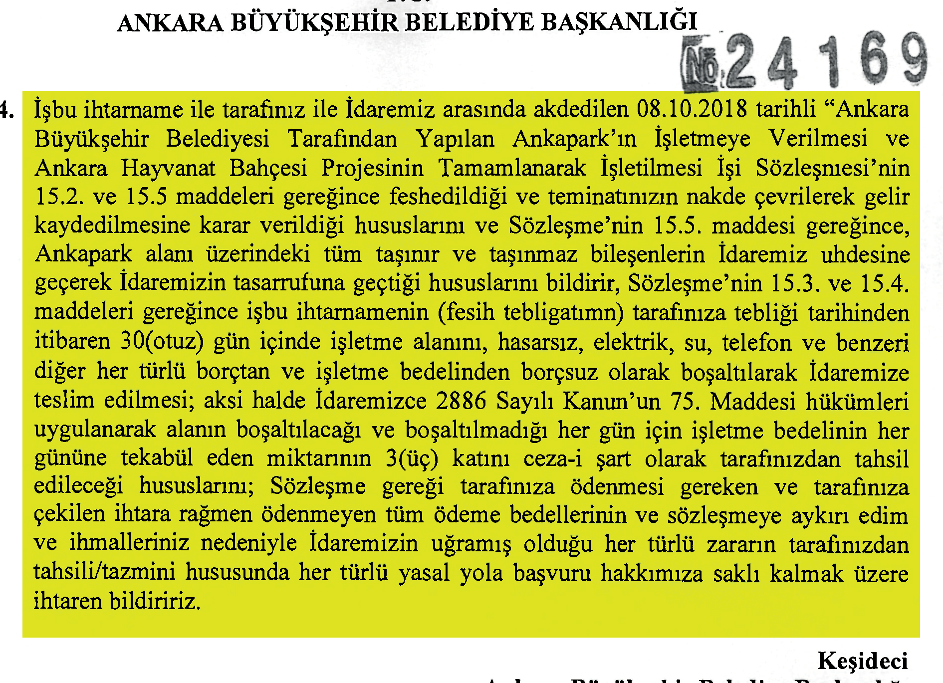 FESİH İHTARNAMESİ GÖNDERİLEREK