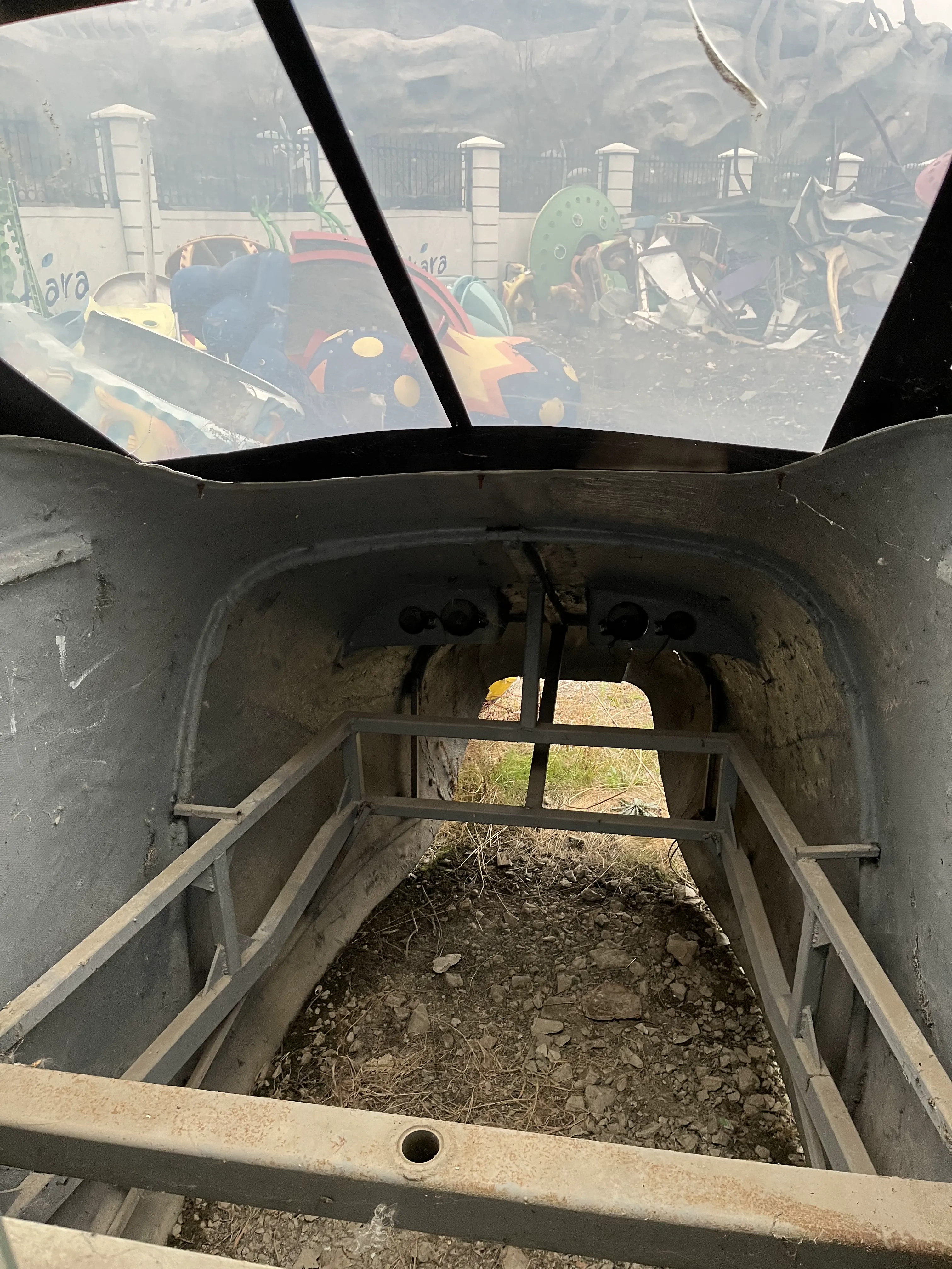 Crumbling interior of monorail car